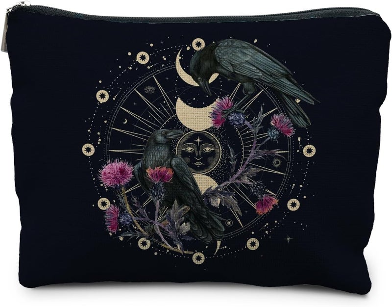 RYYCDOI Goth Raven Makeup Bag, Celestial Sun and Moon Phase Witchy Makeup Bag for Women, Witch Stuff, Halloween Black Crow Floral Cosmetic Bag Toiletry Bag for Women, Black - Image 1